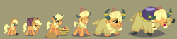 Size: 3731x815 | Tagged: safe, artist:magerblutooth, derpibooru import, applejack, earth pony, pony, yak, series:mlp transformed, apple, applejack's hat, appleyak, blanket, braid, bucket, carrying, chewing, commission, cowboy hat, crate, doll, eating, eyes closed, faded cutie mark, food, grass, grin, hair blowing, hair over eyes, hat, horn jewelry, horn ring, horns, jewelry, lidded eyes, mental shift, open mouth, personality change, raised hoof, raised leg, scrunchy face, show accurate, simple background, smiling, species swap, story included, tiara, toy, transformation, transformation sequence, vector, yakified