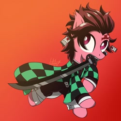 Size: 1600x1600 | Tagged: safe, artist:livehotsun, earth pony, pony, anime, clothes, crossover, gradient background, kimetsu no yaiba, mouth hold, pants, ponified, signature, solo, sword, tanjiro kamado, weapon