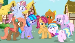 Size: 1280x725 | Tagged: safe, artist:razorbladetheunicron, oc, oc:caramel ambrosia, oc:chocolate strawberry, oc:confetti balloon, oc:dewdrop glisten, oc:golden shower, oc:gust clock, oc:lilac, bat pony, earth pony, pegasus, pony, base used, bow, bracelet, eyeshadow, facial markings, female, flower, flower in hair, group, hair bow, jewelry, lateverse, magical lesbian spawn, makeup, mare, next generation, offspring, parent:applejack, parent:birch bucket, parent:cloudchaser, parent:flash sentry, parent:fluttershy, parent:lotus blossom, parent:oc:pumpkin moon, parent:pinkie pie, parent:rainbow dash, parent:twilight sparkle, parent:vinyl scratch, parents:canon x oc, parents:flashlight, parents:lotusbucket, parents:rainbowchaser, parents:vinylpie, ponytail, ponyville