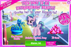 Size: 1033x688 | Tagged: safe, fuchsia crystal pony, steven magnet, crystal pony, pony, unicorn, advertisement, costs real money, female, gameloft, gem, mare, official, statue