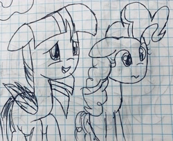 Size: 3140x2558 | Tagged: safe, artist:rainbow eevee, derpibooru import, pinkie pie, twilight sparkle, twilight sparkle (alicorn), alicorn, earth pony, pony, drawing, female, graph paper, lineart, missing horn, old art, traditional art