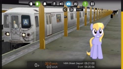 Size: 2560x1440 | Tagged: safe, artist:bluemeganium, artist:topsangtheman, cloud kicker, pegasus, pony, female, grin, hooves, looking at you, mare, metro, new york city subway, smiling, solo, train, train station