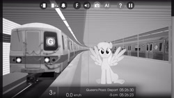 Size: 2560x1440 | Tagged: safe, artist:bluemeganium, artist:topsangtheman, merry may, pegasus, pony, black and white, female, grayscale, hooves, looking at you, mare, metro, monochrome, new york city, new york city subway, sitting, smiling, solo, spread wings, train, train station, wings