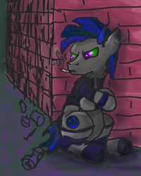 Size: 790x988 | Tagged: safe, artist:torpy-ponius, oc, oc:hey ladies, oc:raddo, pony, black, blue, brick, cigarette, drugs, fatthor, goth, gray, ground, marijuana, punk, smoking