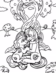 Size: 1600x2086 | Tagged: safe, artist:jamestkelley, big macintosh, sugar belle, earth pony, unicorn, 30 minute art challenge, apple, apple tree, cloud, couple, cute, female, heart, holding hooves, intertwined trees, lineart, love, male, mare, monochrome, orchard, pear tree, shipping, smiling, stallion, straight, sugarmac, sweet apple acres, tree