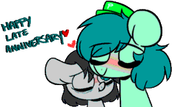 Size: 800x500 | Tagged: safe, artist:s-ansy, oc, oc only, oc:pouncer, oc:sleepy goodnight, earth pony, pony, animated, blushing, eyes closed, female, frame by frame, gif, hat, heart, male, mare, shipping, simple background, squigglevision, stallion, transparent background