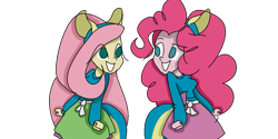 Size: 1037x517 | Tagged: safe, artist:treble clefé, fluttershy, pinkie pie, equestria girls, equestria girls (movie), duo, fake ears, fake tail, helping twilight win the crown, scene interpretation, simple background, transparent background