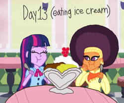 Size: 3000x2500 | Tagged: safe, artist:bigpurplemuppet99, artist:cloudyglow, saffron masala, twilight sparkle, equestria girls, afro, female, food, ice cream, lesbian, shipping, twiffron