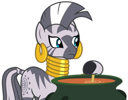 Size: 3584x2800 | Tagged: safe, artist:sketchmcreations, zecora, zebra, 2 4 6 greaaat, cauldron, ear piercing, earring, female, frown, jewelry, neck rings, piercing, quadrupedal, simple background, stirring, transparent background, vector