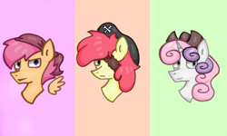 Size: 1362x818 | Tagged: safe, artist:hunterthewastelander, apple bloom, scootaloo, sweetie belle, earth pony, pegasus, pony, unicorn, bandana, bust, cutie mark crusaders, eyepatch, female, filly, floating wings, frown, hat, palindrome get, pirate, pirate hat, wings