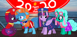 Size: 2186x1054 | Tagged: safe, artist:徐詩珮, fizzlepop berrytwist, glitter drops, spring rain, tempest shadow, twilight sparkle, twilight sparkle (alicorn), alicorn, unicorn, series:sprglitemplight diary, series:sprglitemplight life jacket days, series:springshadowdrops diary, series:springshadowdrops life jacket days, alternate universe, base used, bisexual, broken horn, clothes, cute, equestria girls outfit, female, glitterbetes, glitterlight, glittershadow, happy new year, happy new year 2020, holiday, horn, lesbian, lifeguard, lifeguard spring rain, paw patrol, polyamory, shipping, sprglitemplight, springbetes, springdrops, springlight, springshadow, springshadowdrops, swimsuit, tempestbetes, tempestlight