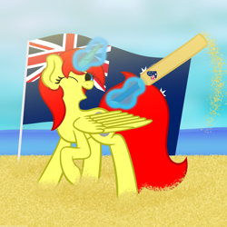 Size: 2500x2500 | Tagged: safe, artist:embroidered equations, oc, oc:spheres, alicorn, pony, alicon, australia, australia day, australian flag, beach, commission, convention:alicon, cricket bat, flag, magic, sand, solo