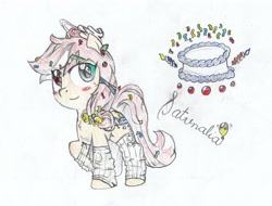 Size: 3571x2715 | Tagged: safe, artist:foxtrot3, oc, oc only, oc:saturnalia, earth pony, beads, bells, blushing, clothes, confetti, cutie mark, leg warmers, leggings, smiling