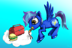 Size: 1024x684 | Tagged: safe, artist:chopsticks, oc, oc only, oc:lightning sky, pegasus, burger, cheek fluff, chest fluff, cloud, ear fluff, flying, food, hay burger, hoof fluff, male, solo, toolbox