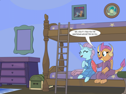 Size: 4000x3000 | Tagged: safe, artist:gd_inuk, ocellus, sandbar, smolder, changedling, changeling, dragon, bed, bedroom, bunk bed, chest, clothes, cute, dialogue, diaocelles, dragoness, duo, eyes closed, female, high res, ladder, mirror, nightgown, pajamas, picture frame, sitting, smolderbetes, speech bubble