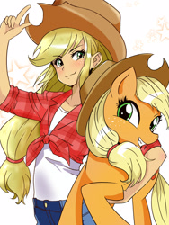 Size: 1200x1600 | Tagged: safe, artist:menko_e, derpibooru import, applejack, human, pony, anime, cute, female, human ponidox, humanized, jackabetes, kotobukiya, kotobukiya applejack, pixiv, self ponidox, simple background, smiling, stars, white background