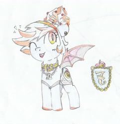 Size: 2882x2986 | Tagged: safe, artist:foxtrot3, oc, oc only, oc:bacchanalia, bat pony, chains, clothes, collar, cutie mark, hairband, lock, one eye closed, smiling, wink