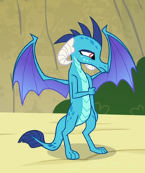 Size: 528x629 | Tagged: safe, screencap, princess ember, dragon, triple threat, beautiful, cropped, cute, dragoness, female, frown, horns, insecure, looking down, rubbing arm, sad, solo, spread wings, teenaged dragon, teenager, toes, wings