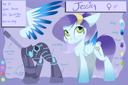 Size: 7086x4724 | Tagged: safe, artist:mistydash, oc, oc:jessica, pegasus, pony, color palette, exosuit, female, mare, reference sheet, soldier, solo, text, weapon