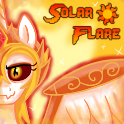 Size: 1600x1600 | Tagged: safe, artist:crusader productions, daybreaker, pony, armor, cover art, cutie mark, fangs, fire, glowing eyes, text, thumbnail, villainess, wings