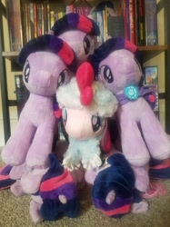 Size: 1504x2016 | Tagged: safe, artist:silverstorm, pinkie pie, twilight sparkle, earth pony, pony, book, bookshelf, clothes, multeity, photography, plushie, scarf, sparkle sparkle sparkle