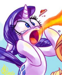 Size: 496x606 | Tagged: safe, artist:whitediamonds, applejack, rarity, earth pony, pony, unicorn, cropped, crying, fire, fire breathing pony, offscreen character, open mouth, solo focus