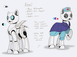 Size: 1265x940 | Tagged: safe, artist:ravenpuff, oc, oc only, oc:engel, pony, robot, robot pony, clothes, duo, glowing eyes, hat, nurse, nurse outfit, raised hoof, reference sheet, roan rpg, text, wings