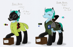 Size: 1387x899 | Tagged: safe, artist:ravenpuff, oc, oc only, oc:down range, kelpie, clothes, duo, explosives, eyes closed, female, gas mask, hazmat suit, latex, latex boots, mask, reference sheet, roan rpg, smiling, text, tnt