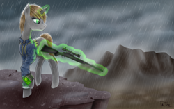 Size: 4033x2526 | Tagged: safe, artist:alicetriestodraw, oc, oc only, oc:littlepip, pony, unicorn, fallout equestria, clothes, cloud, cloudy, fanfic, fanfic art, female, glowing horn, gun, hooves, horn, levitation, magic, mare, optical sight, pipbuck, rain, rifle, scope, sniper rifle, solo, telekinesis, vault suit, wasteland, weapon