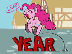 Size: 1800x1350 | Tagged: safe, artist:flutterluv, pinkie pie, earth pony, pony, jumping, leap year, leaping, pun, solo, visual pun