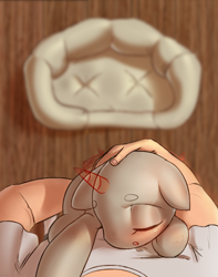 Size: 2638x3356 | Tagged: safe, artist:klooda, oc, human, pony, advertisement, blushing, commission, cushion, detailed, detailed background, eyes closed, hand, holding a pony, human and pony, no mane, pony pet, sleeping, sleepy, solo, your character here