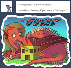 Size: 1067x1013 | Tagged: safe, artist:crispokefan, oc, oc:pun, dragon, ask, ask pun, dragonified, house, solo, species swap