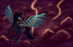 Size: 4852x3166 | Tagged: safe, artist:alicetriestodraw, oc, oc only, pegasus, pony, augmented, contest prize, cybernetic wings, flying, lightning, prosthetics, solo, thunder, wings