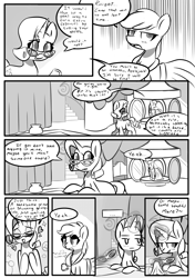 Size: 1493x2125 | Tagged: safe, artist:provolonepone, derpibooru import, applejack, rarity, earth pony, pony, unicorn, comic:a sapphic story, carousel boutique, clothes, comic, cute, dress, glasses, implied lesbian, jackabetes, monochrome, raribetes, rarity's glasses