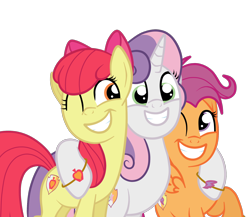 Size: 2046x1774 | Tagged: safe, alternate version, artist:squipycheetah, apple bloom, scootaloo, sweetie belle, earth pony, pegasus, pony, unicorn, zombie, adorabloom, alternate cutie mark, bracelet, cute, cutealoo, cutie mark, cutie mark crusaders, diasweetes, female, grin, happy, hug, jewelry, lesbian, mare, older, older apple bloom, older cmc, older scootaloo, older sweetie belle, one eye closed, ot3, polyamory, scootabelle, scootabloom, scootaling, shipping, simple background, smiling, story of the blanks, sweetiebloom, sweetiebloomaloo, the cmc's cutie marks, transparent background, trio, wedding band
