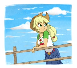 Size: 2168x1900 | Tagged: safe, artist:ilacavgbmjc, applejack, better together, equestria girls, applejack's hat, belt, clothes, cloud, cowboy hat, cute, denim skirt, female, fence, freckles, geode of super strength, hat, jackabetes, magical geodes, shirt, skirt, sky, smiling, solo, stetson