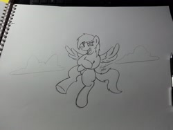 Size: 3264x2448 | Tagged: safe, artist:lucas_gaxiola, oc, oc only, pegasus, pony, cloud, flying, irl, laughing, lineart, male, open mouth, pegasus oc, photo, signature, solo, stallion, traditional art, wings