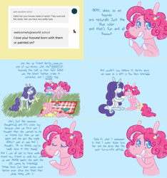 Size: 1760x1878 | Tagged: safe, artist:ask-pinkie-polkadot-pie, fluttershy, pinkie pie, rarity, pegasus, pony, unicorn, ask, hoof polish, picnic, tumblr:ask-pinkie-polkadot-pie, younger