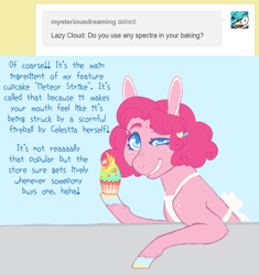 Size: 884x940 | Tagged: safe, artist:ask-pinkie-polkadot-pie, pinkie pie, earth pony, pony, apron, clothes, cupcake, food, rainbow cupcake, solo, tumblr:ask-pinkie-polkadot-pie