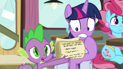 Size: 1920x1080 | Tagged: safe, screencap, cup cake, spike, twilight sparkle, twilight sparkle (alicorn), alicorn, dragon, a trivial pursuit, bag, saddle bag, scroll, winged spike