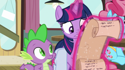 Size: 1920x1080 | Tagged: safe, screencap, cup cake, spike, twilight sparkle, twilight sparkle (alicorn), alicorn, dragon, a trivial pursuit, bag, saddle bag, scroll, winged spike