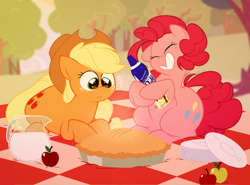 Size: 1280x947 | Tagged: safe, artist:hyperfixatins, artist:pillsburries, applejack, pinkie pie, earth pony, pony, apple, food, grin, milk, ms paint, picnic, picnic blanket, pie, plate, reddi wip, smiling, tree