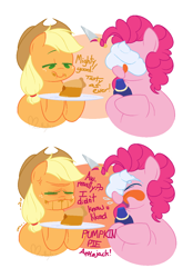 Size: 836x1204 | Tagged: safe, artist:hyperfixatins, artist:pillsburries, earth pony, comic, dialogue, food, licking, ms paint, plate, pumpkin pie, reddi wip, tongue out, whipped cream