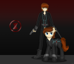 Size: 1489x1294 | Tagged: safe, artist:99999999000, earth pony, human, pony, baton, black widow (marvel), clothes, dual wield, feminism, gun, handgun, marvel, marvel comics, pistol, warrior, weapon