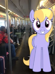Size: 2448x3264 | Tagged: safe, artist:bluemeganium, edit, editor:topsangtheman, cloud kicker, pegasus, pony, irl, looking at you, new york city, new york city subway, photo, ponies in real life, train