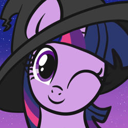 Size: 2100x2100 | Tagged: safe, artist:sjart117, twilight sparkle, pony, unicorn, bust, cute, female, gradient background, halloween, hat, holiday, looking at you, mare, night, nightmare night, one eye closed, portrait, smiling, solo, stars, twiabetes, wink, witch, witch hat