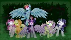 Size: 6000x3400 | Tagged: safe, artist:redheartponiesfan, mean applejack, mean fluttershy, mean pinkie pie, mean rainbow dash, mean rarity, mean twilight sparkle, alicorn, earth pony, pegasus, pony, the mean 6, absurd resolution, clone, clone six, female, glowing eyes, looking at you, mare, mean six, messy mane, simple background, spread wings, wings