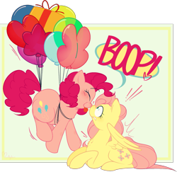Size: 1643x1597 | Tagged: safe, artist:hyperfixatins, artist:pillsburries, fluttershy, pinkie pie, earth pony, pegasus, pony, balloon, boop, dialogue, female, floating, flutterpie, flying, heart, lesbian, mare, ms paint, noseboop, prone, shipping, sitting, surprise boop, then watch her balloons lift her up to the sky, tongue out