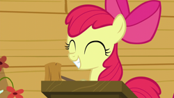 Size: 1280x720 | Tagged: safe, screencap, apple bloom, earth pony, pony, on your marks, adorabloom, bow, clubhouse, crusaders clubhouse, cute, eyes closed, female, filly, gavel, smiling, solo