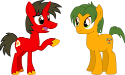 Size: 3363x2027 | Tagged: safe, artist:shadymeadow, oc, oc only, oc:fried egg, oc:scorpion chain, earth pony, pony, unicorn, male, multicolored eyes, simple background, stallion, transparent background